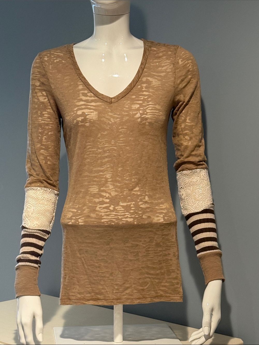 BKE Tan Burnout V-Neck Top with Striped Sleeve Accents